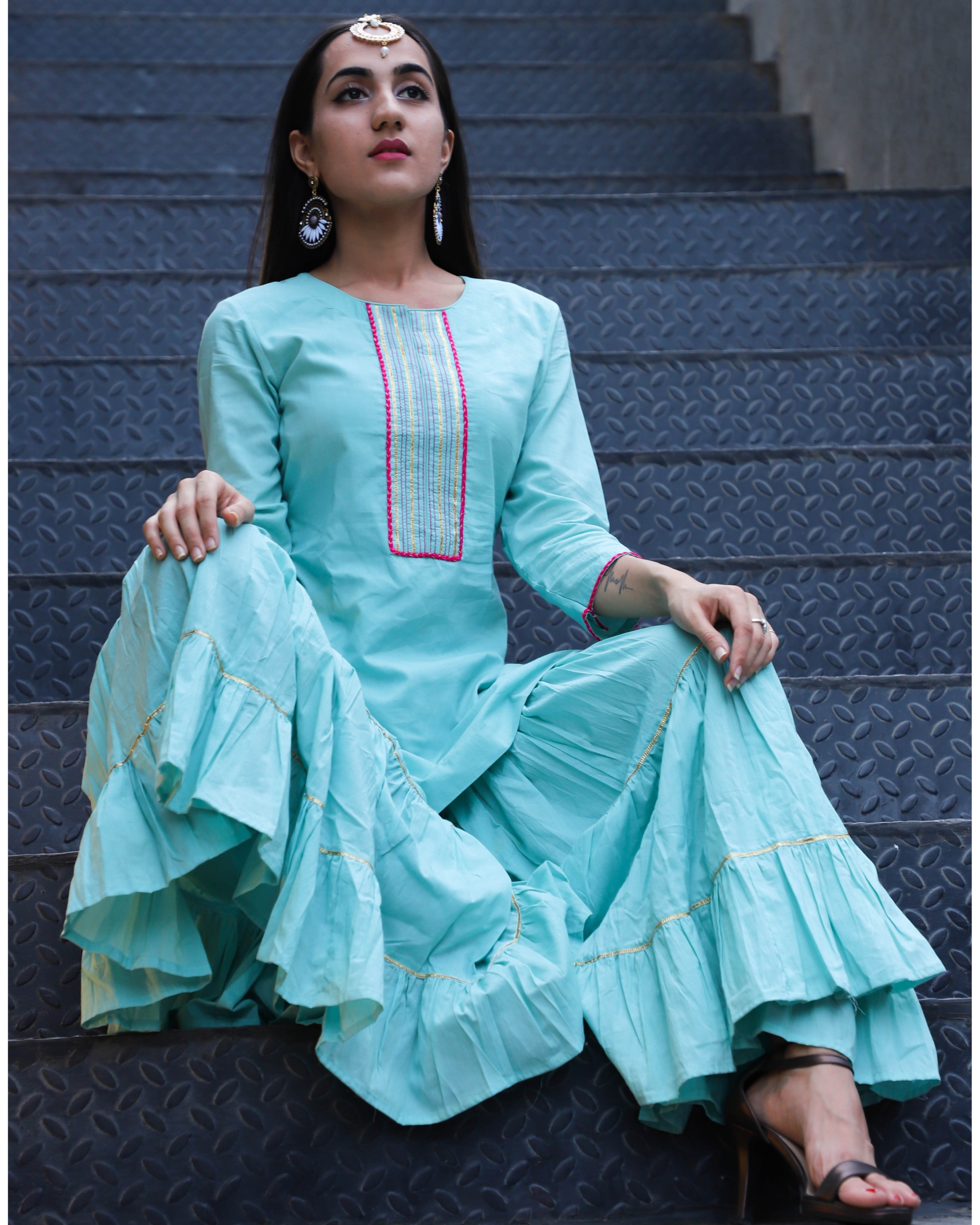 Pale blue kurta sharara set by Raasleela | The Secret Label