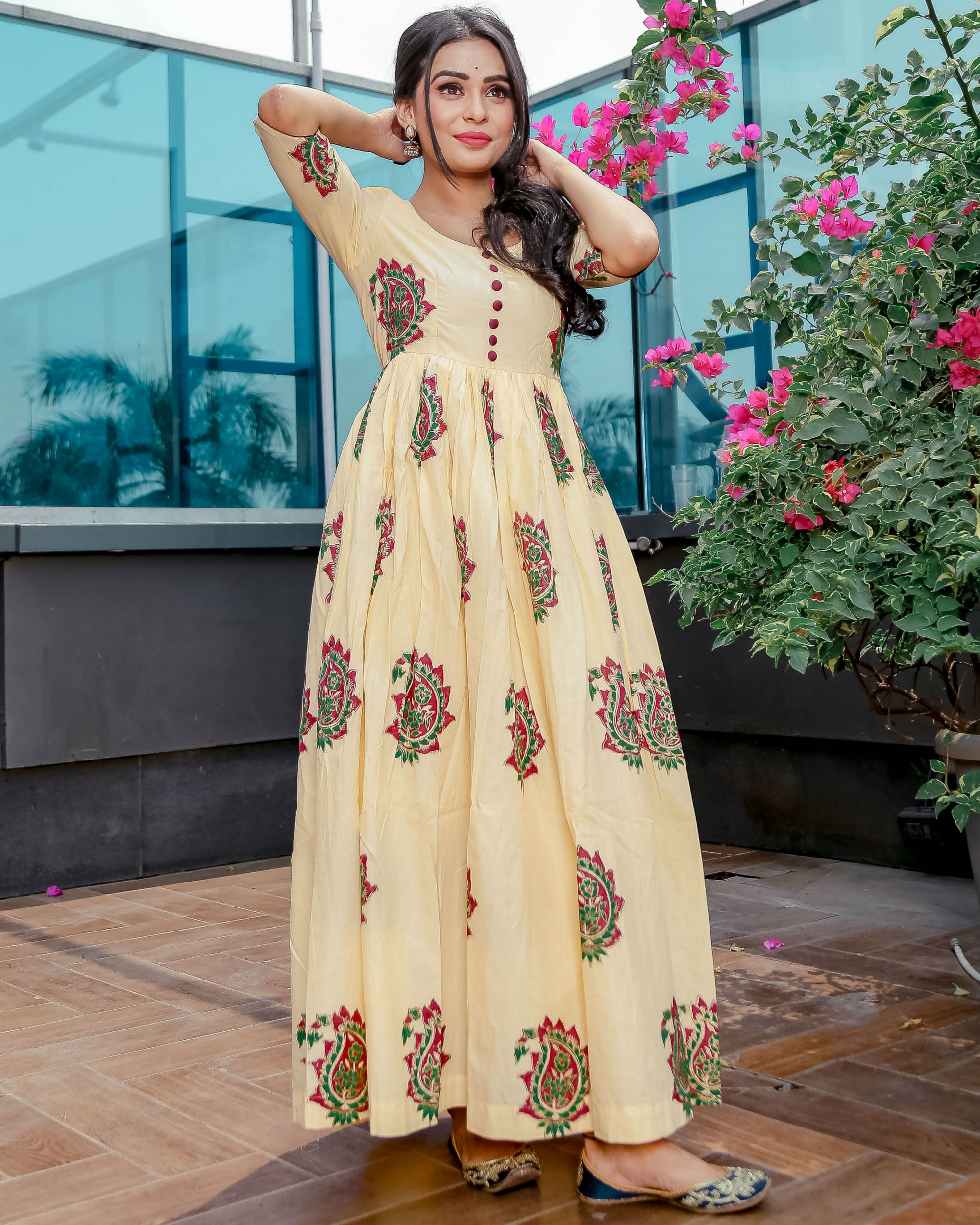 Cream mughal paisley print dress by Aachho | The Secret Label