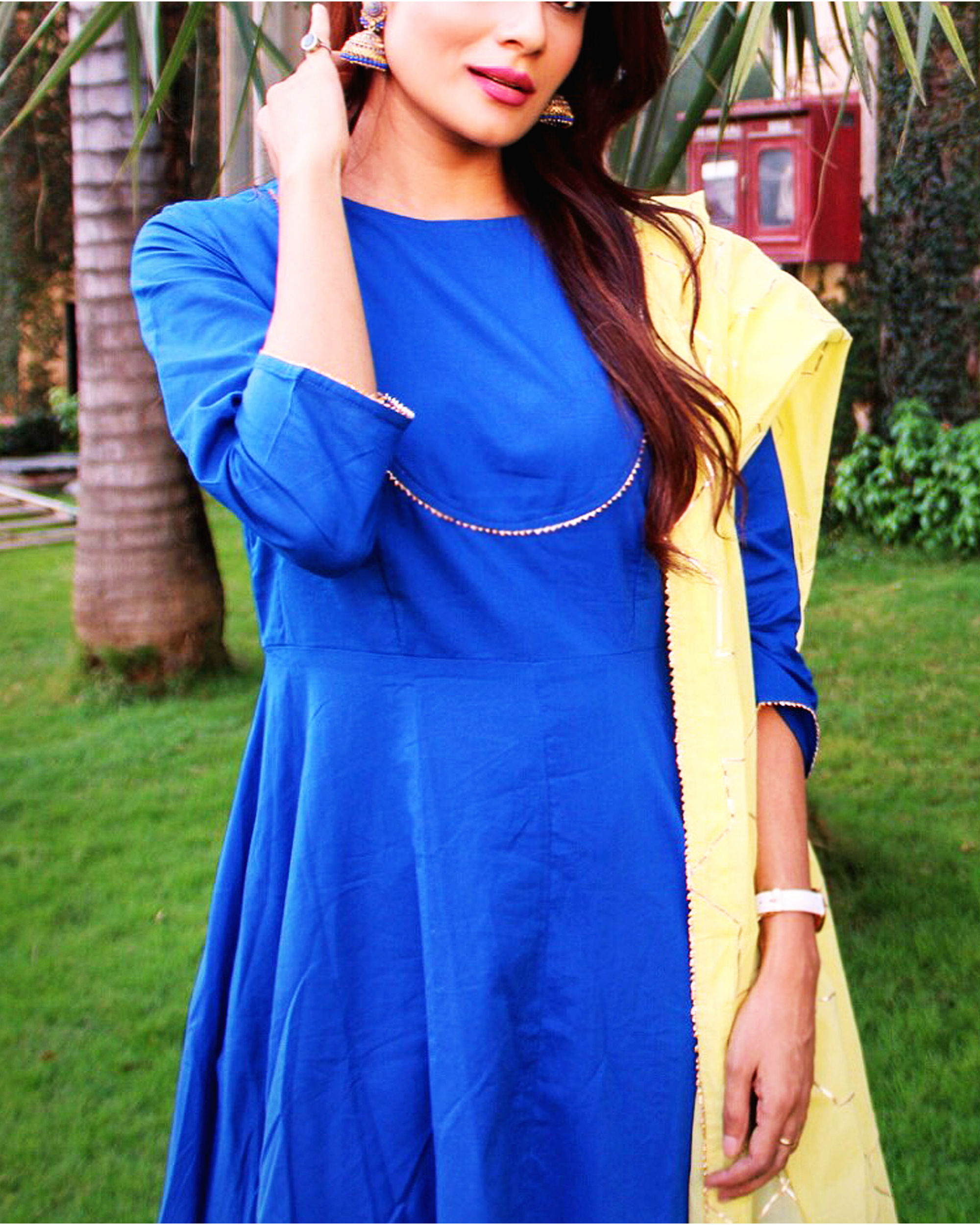 Royal blue suit set with lemon dupatta by Gulaal The Secret Label