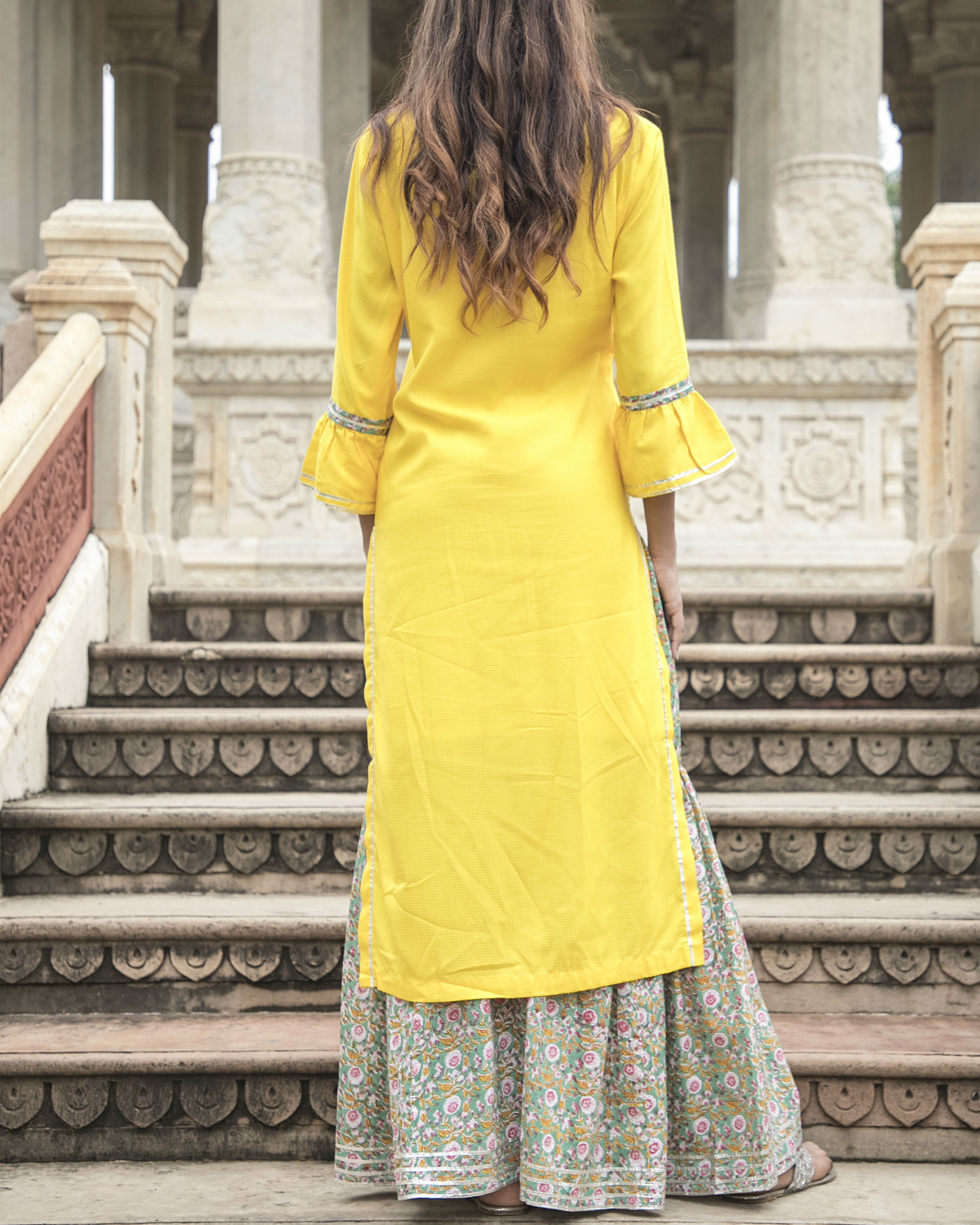 Yellow kurta and handblock print garara set by Kiswah Clothing | The ...