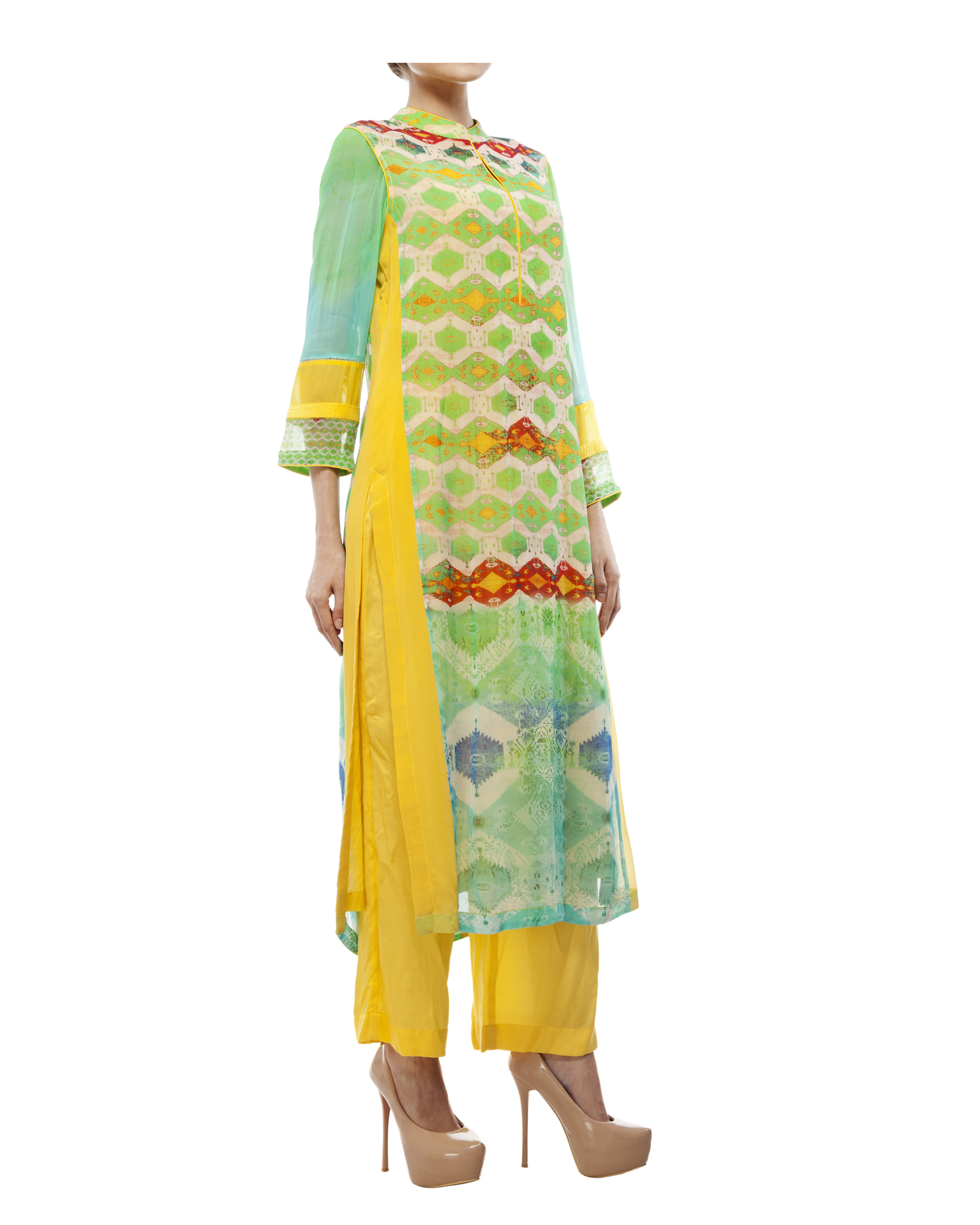 Green & yellow kantha tunic by Divyam Mehta The Secret Label