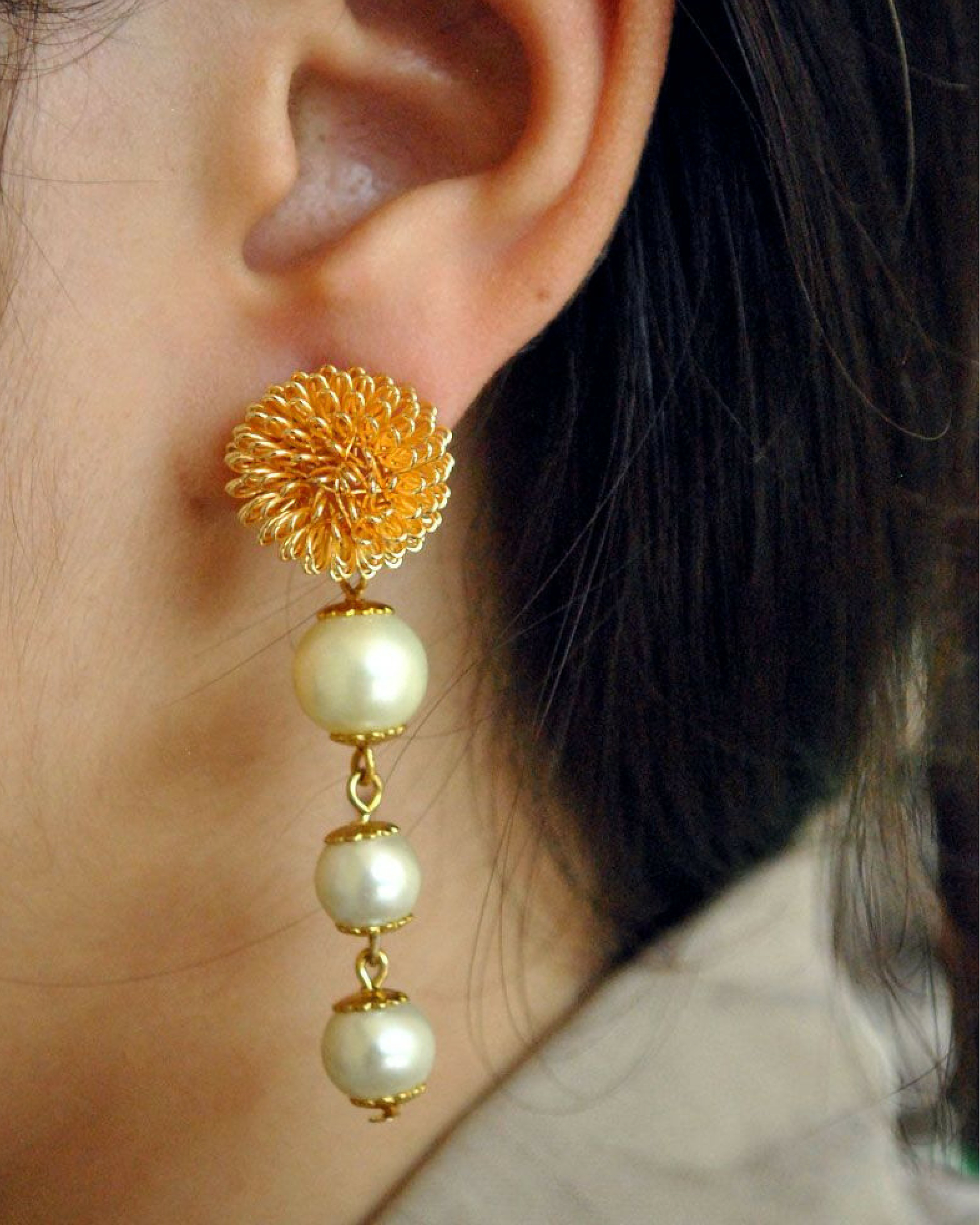 Pearl golden earrings by Abhika Creations | The Secret Label