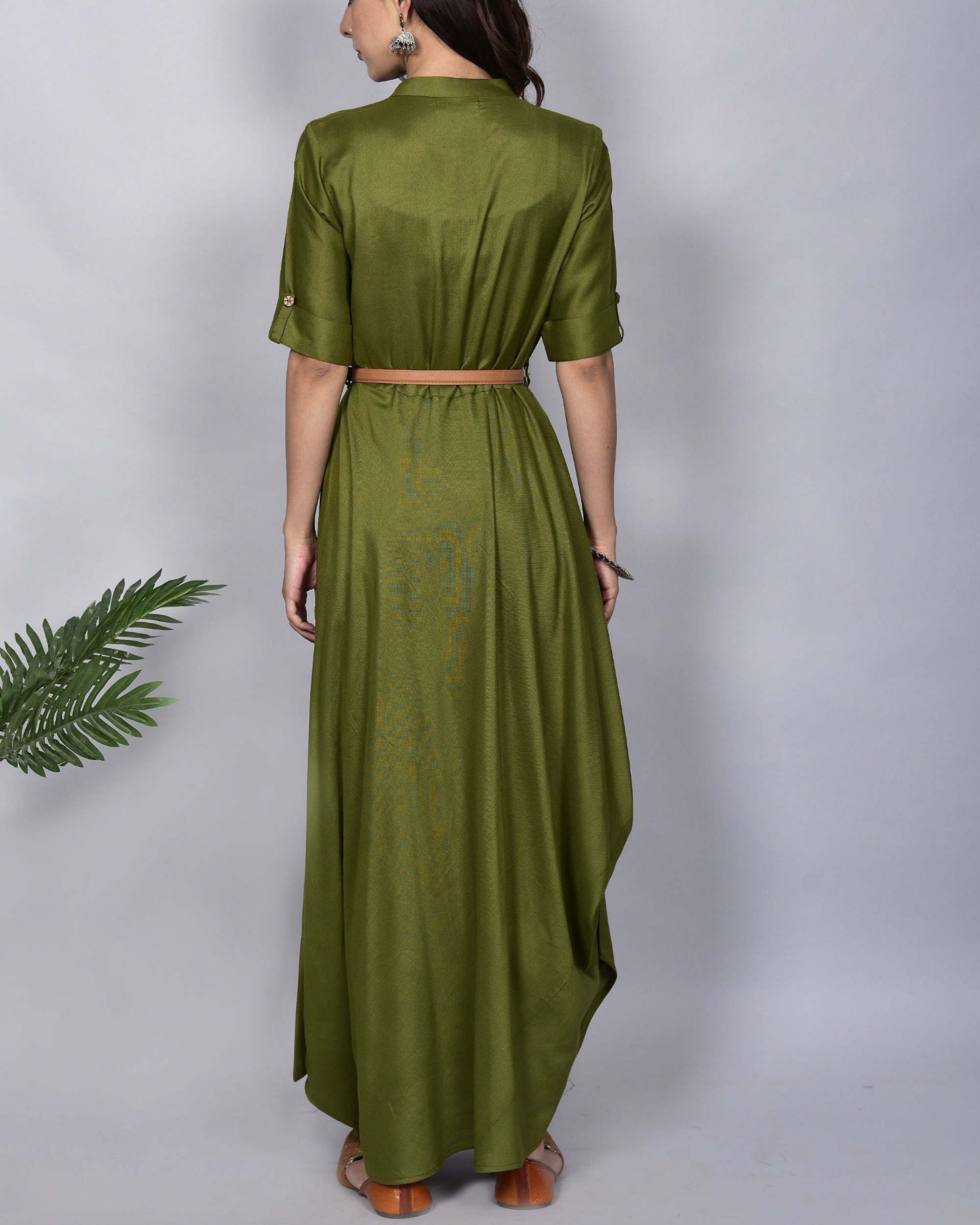 Olive green maxi dress with leather belt by Empress Pitara The Secret