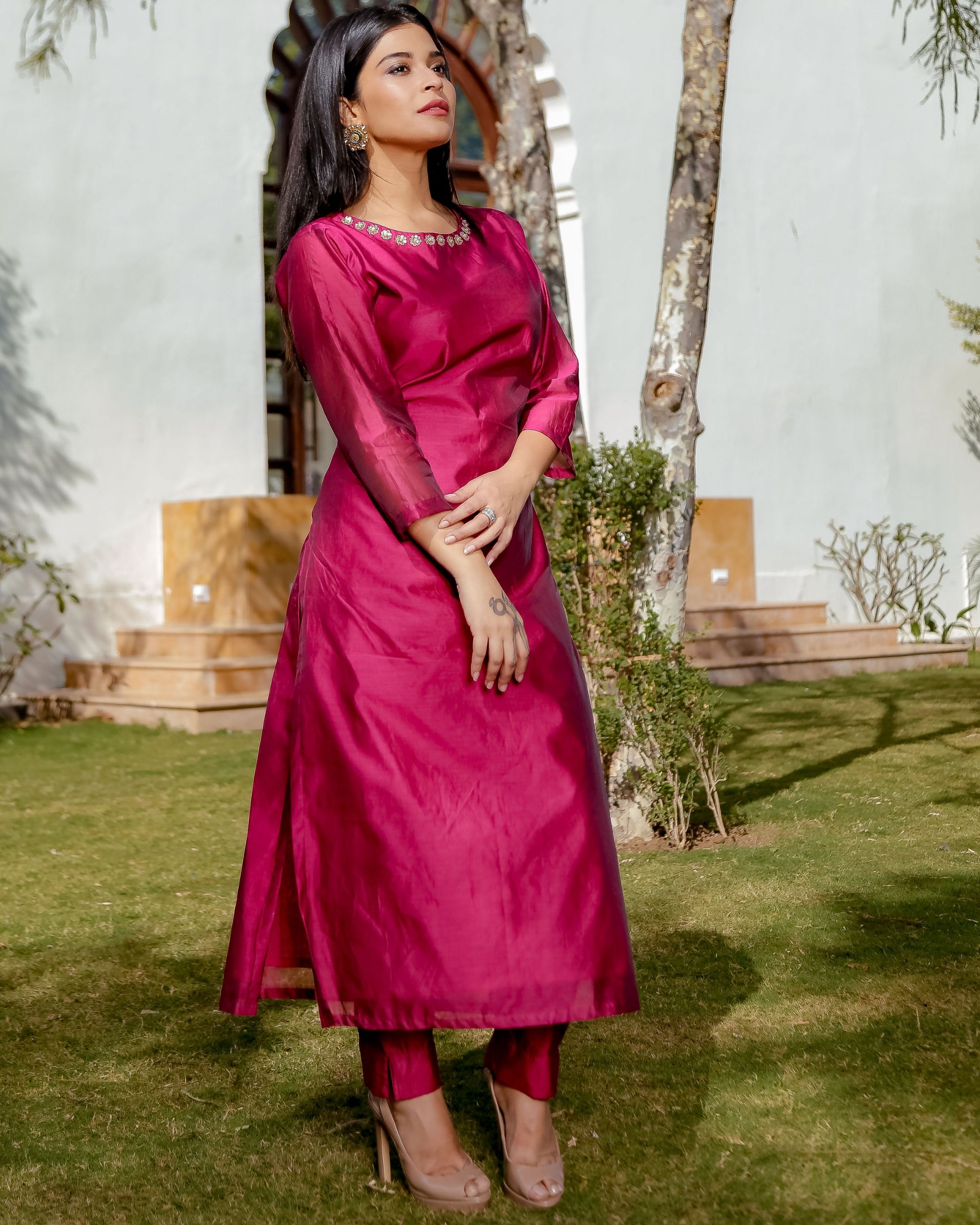 Pink embroidered chanderi suit set set of two by Ambraee The Secret