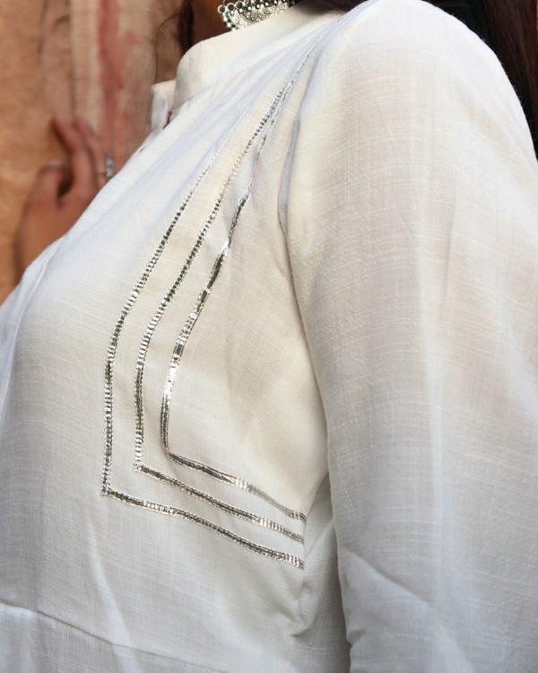 White collared kurta set with hand printed palazzoset of two by Label