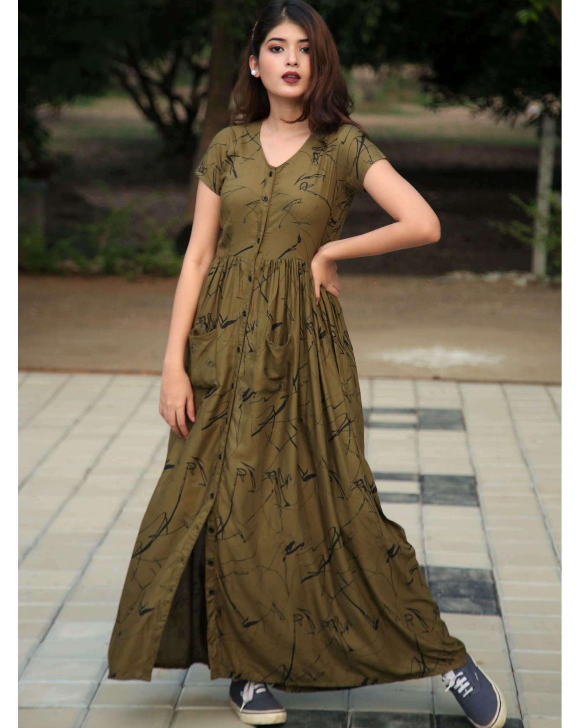 Olive rayon dress with belt by The Anarkali Shop | The ...