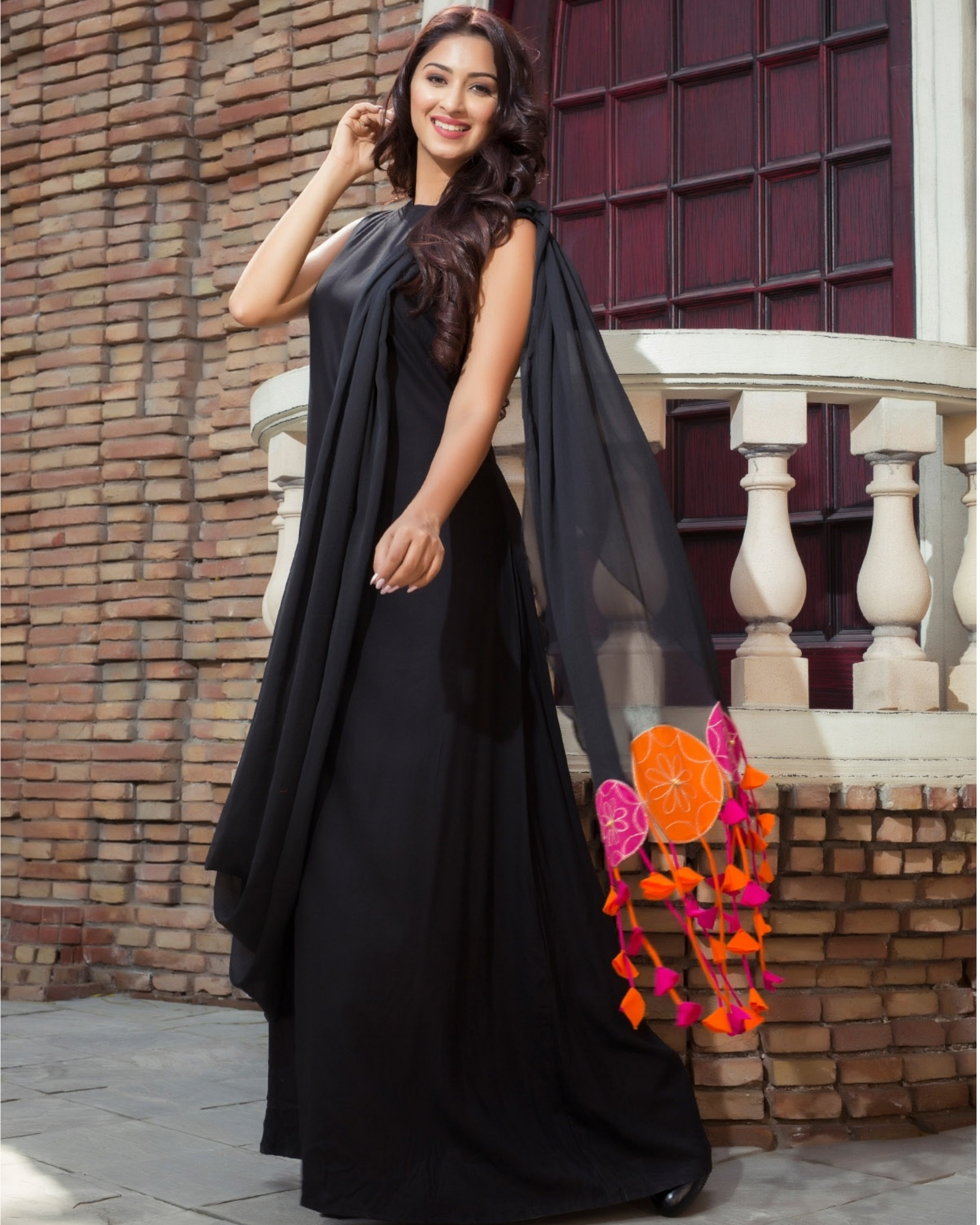 maxi dress with attached pallu
