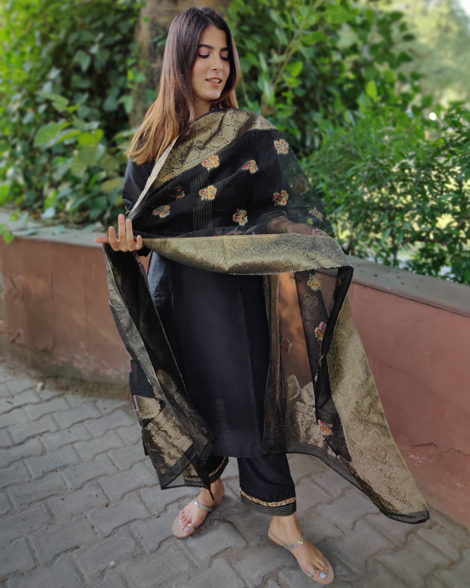 Black Cotton Silk Suit Set with Organza Dupatta Set of Three by The