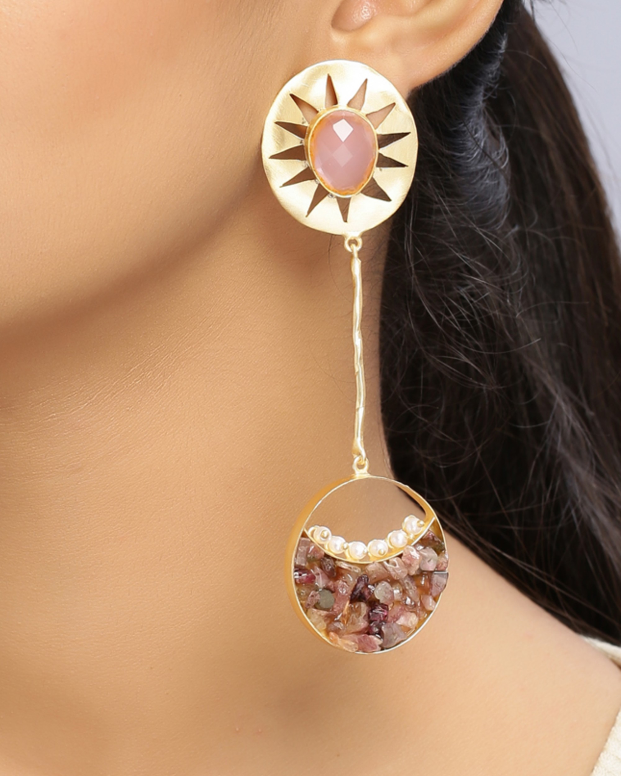 Blush pink crescent dangler earring with pearls by Nitaara The Secret