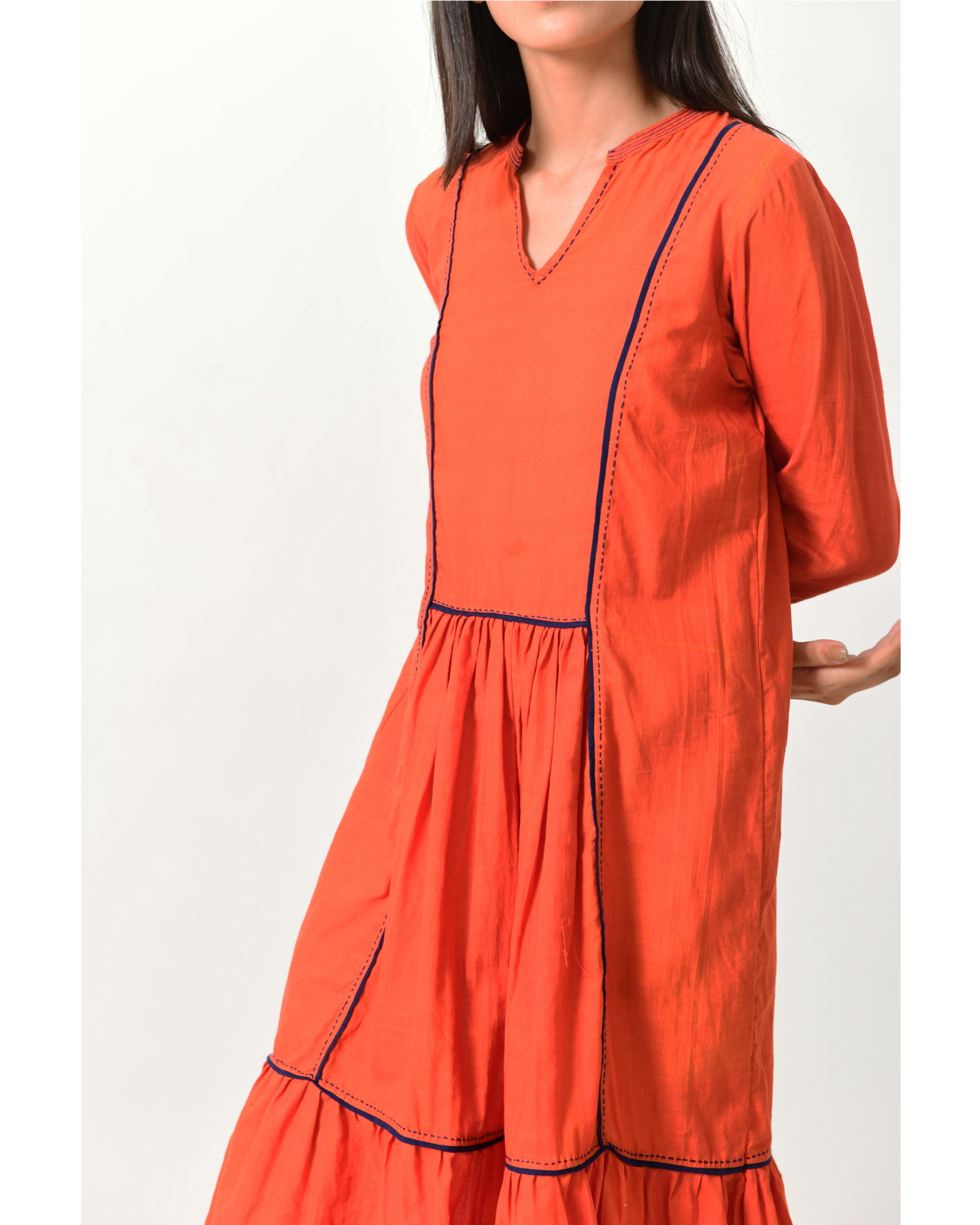 Rustic orange high low gathered midi dress by Rias | The Secret Label