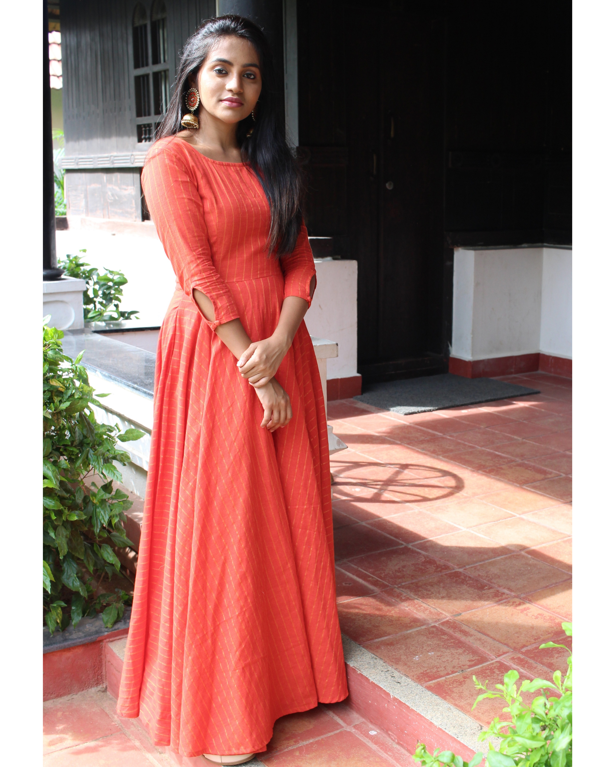 Orange checkered handloom anarkali dress by Magizham The Secret Label