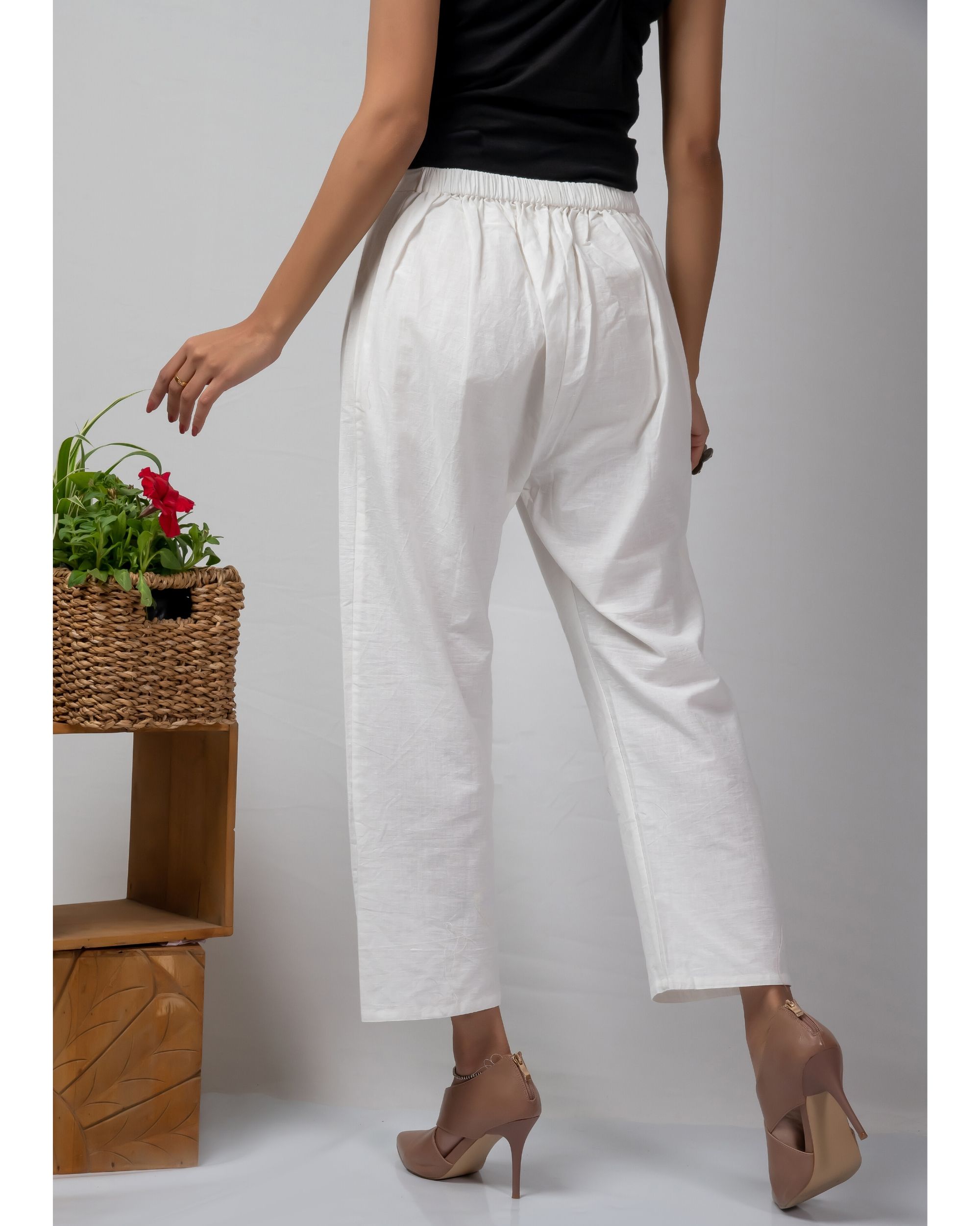 White straight cotton pants by Silai | The Secret Label