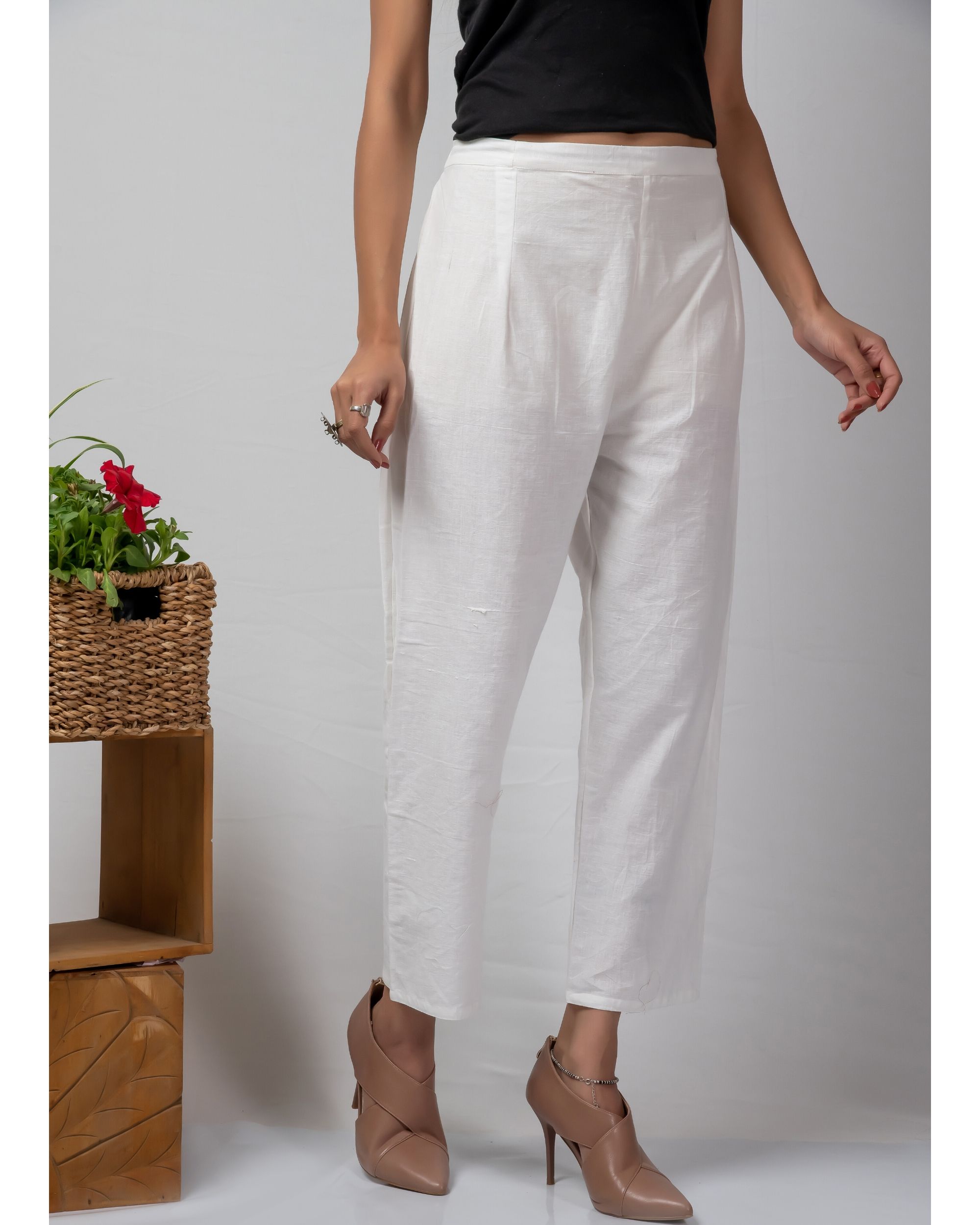 White straight cotton pants by Silai | The Secret Label