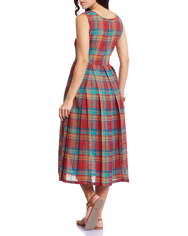 Checkered red pleated dress by Bhava | The Secret Label