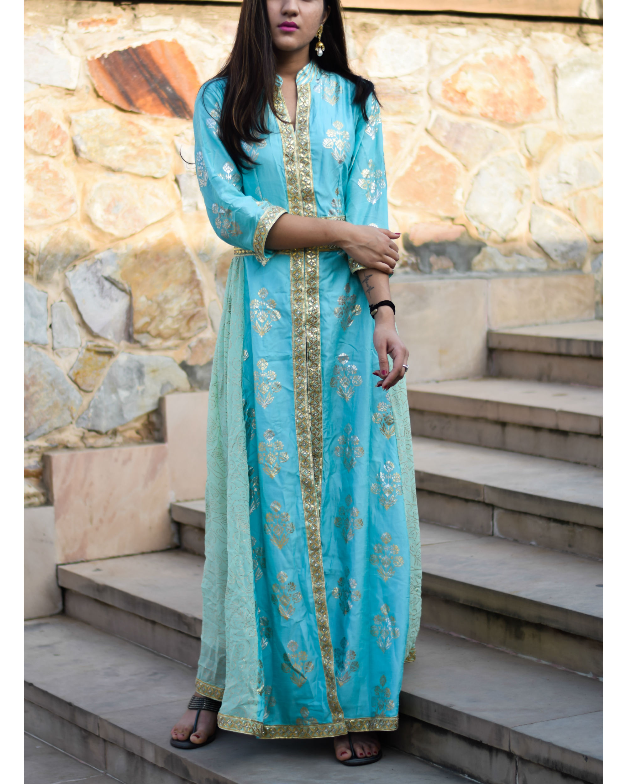 Blue foil print dress with gota handwork by Siddhi Creation | The ...