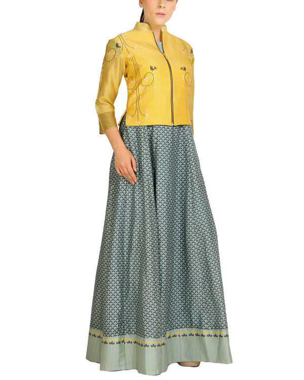 Grey scaled dress with yellow zipper jacket by Sougat Paul | The Secret
