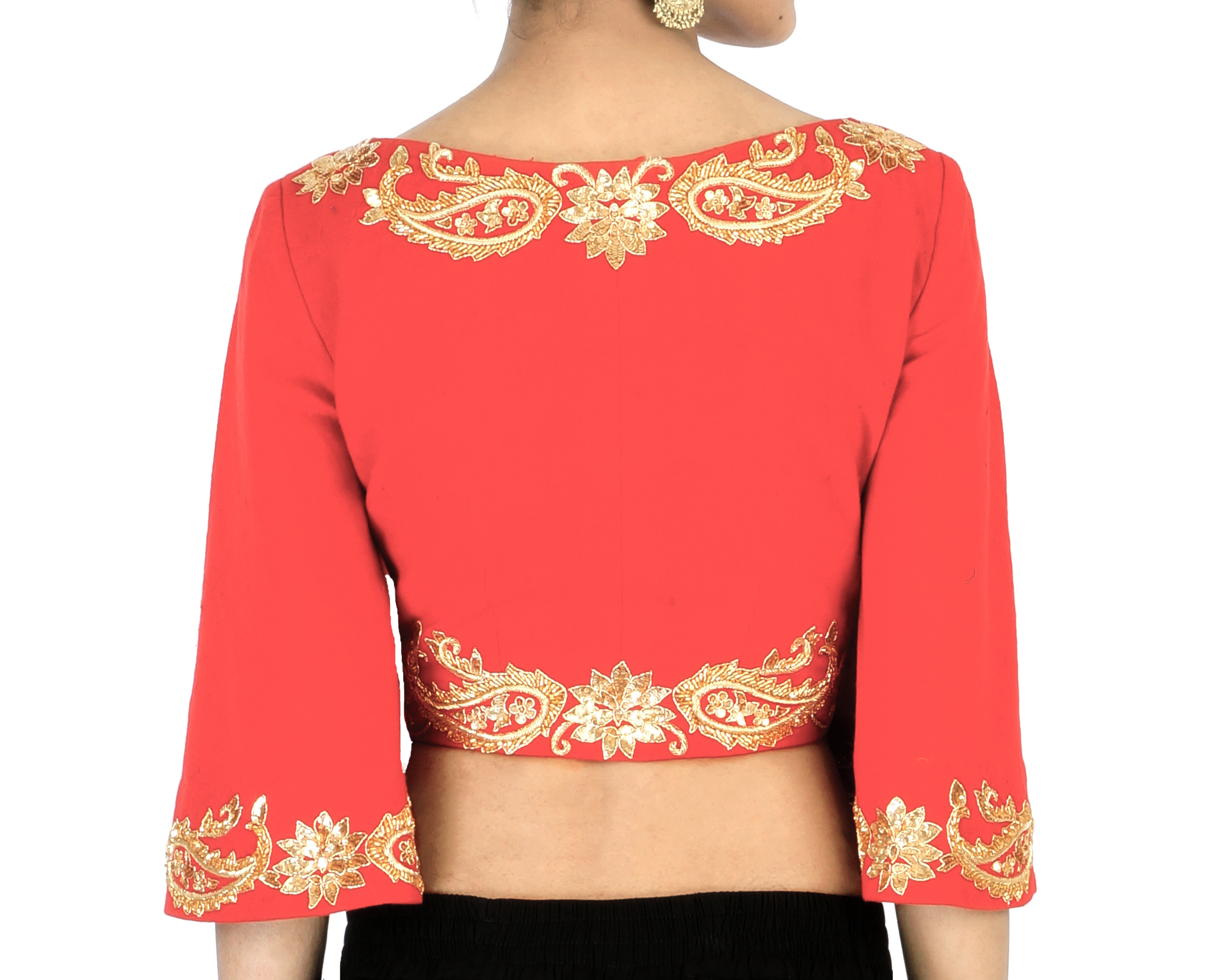 Red bell sleeves embroidered crop top by Shilpa Reddy The Secret Label