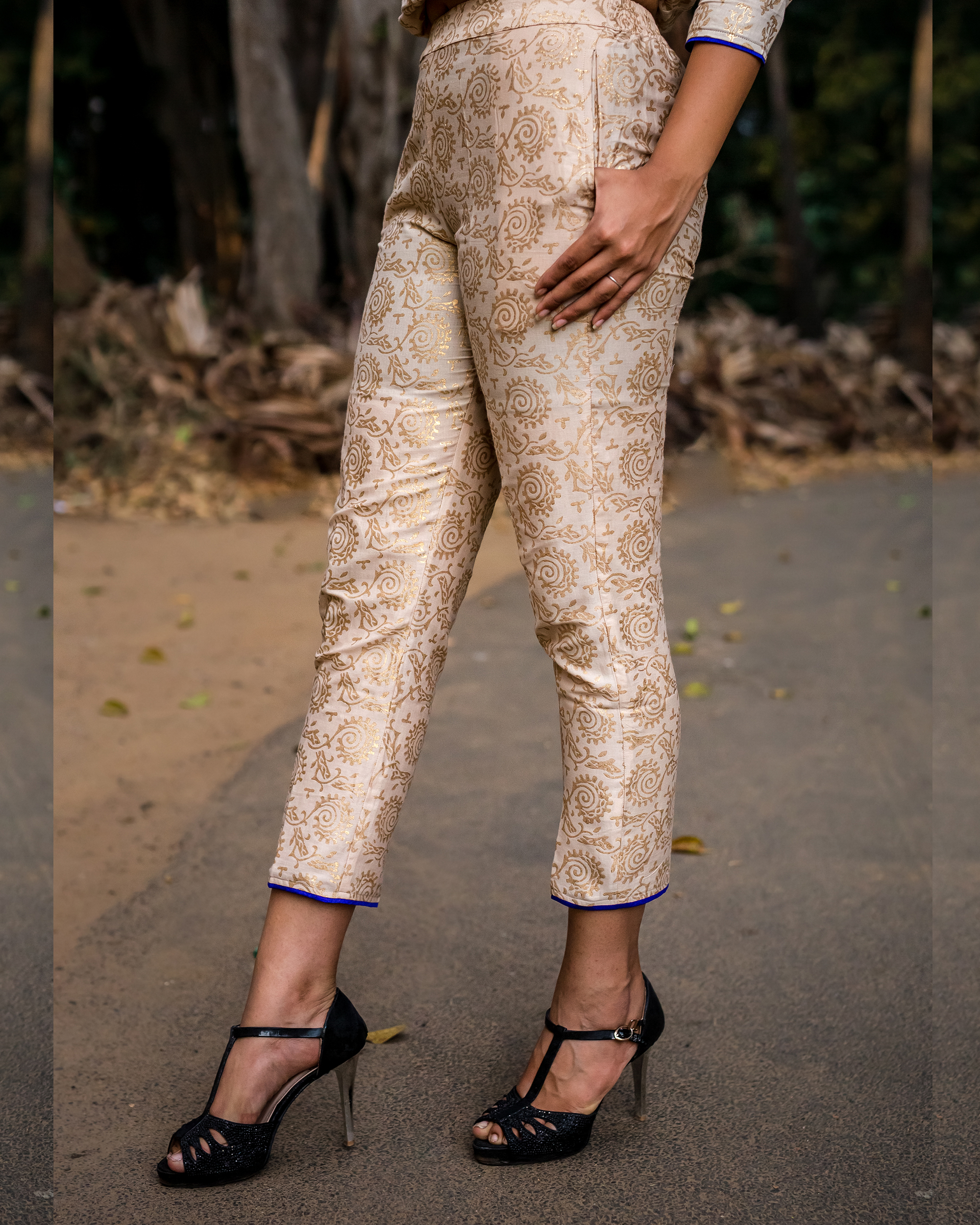 Gold print royal pants by Gulaal | The Secret Label