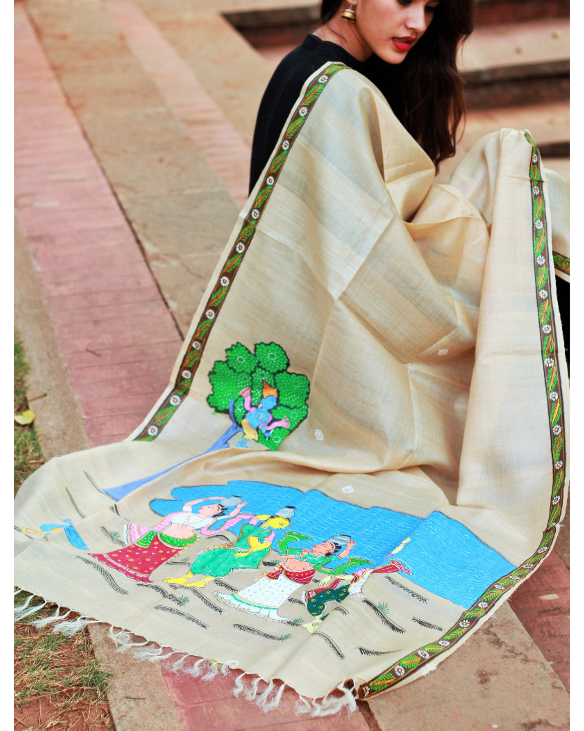 Pattachitra hand painted dupatta by Arts of India | The Secret Label